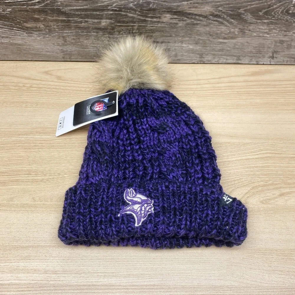 Minnesota Vikings Hat Knit Beanie Womens Purple NFL Football Faux Fur Pom NWT